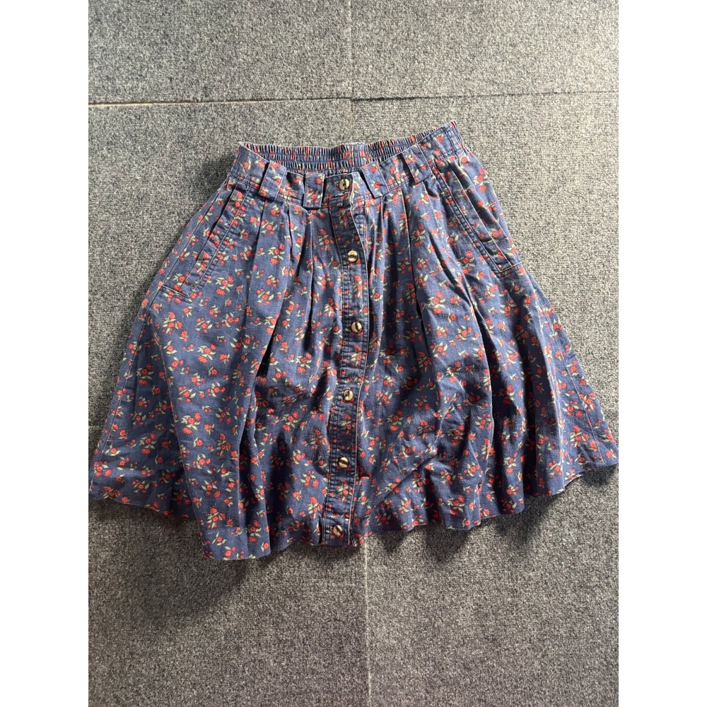 Gitano Floral Button Front Skirt Womens 10 Blue Linen Blend Vintage Midi Pockets